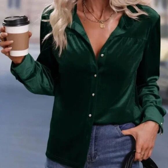 New Luxe Burgundy Velvet ButtonâDownâOversizedâShirtâTop - Picture 10 of 16